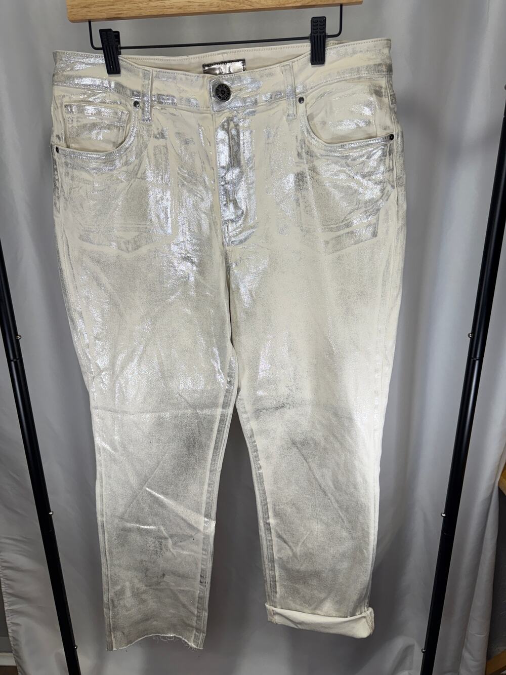 KUT from the Kloth Reese Jeans Women 12 Silver Metallic High Rise Straight Ankle